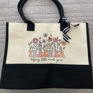 Teacher Floral Canvas Tote Bag - Cream & Black